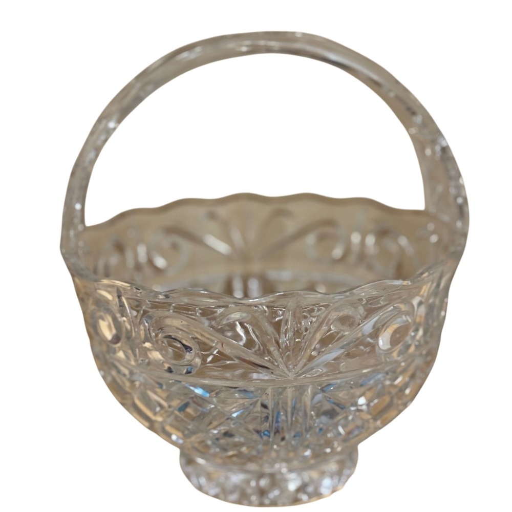 Vintage Crystal Glass Basket‎ Candy Dish Fruit Bowl with Handle for Home Decor